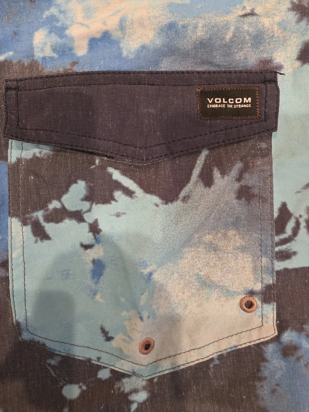 Volcom Blue and Black Tie-Dye Swim Board Shorts with Drawstring